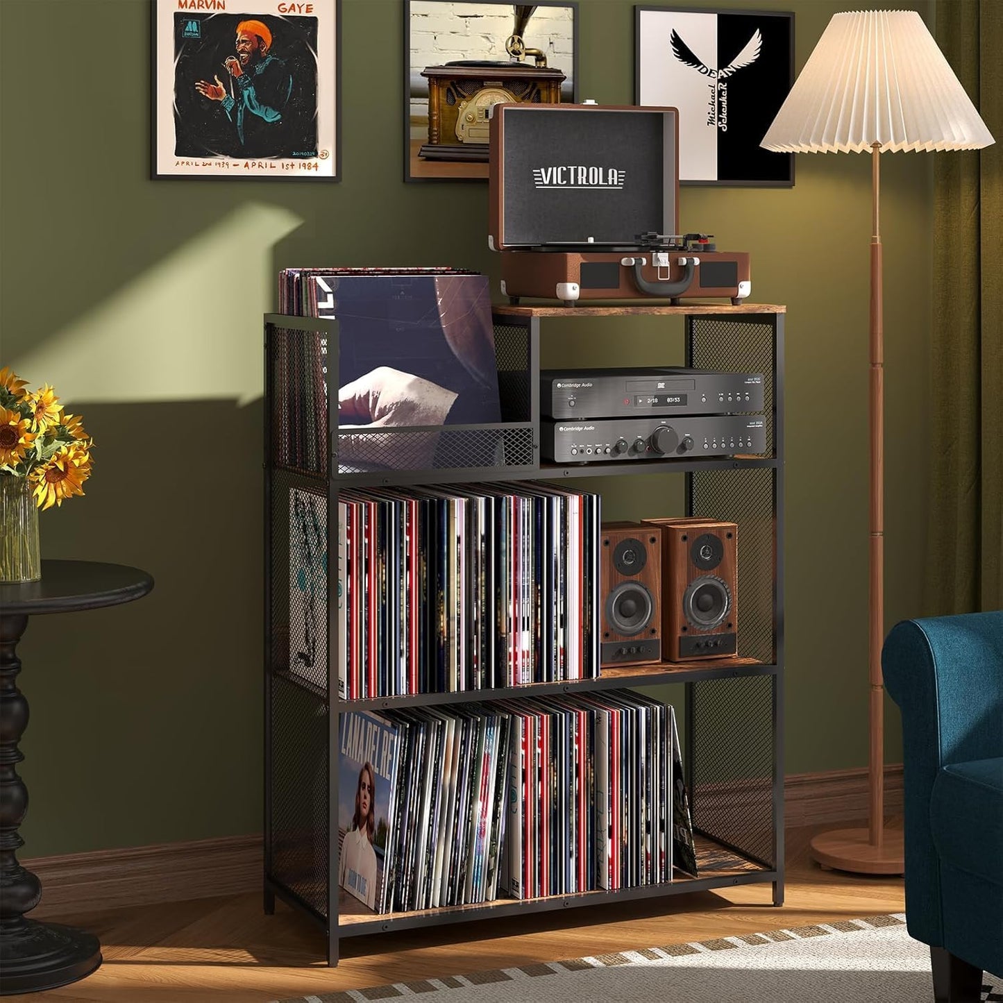 4 Tier Large Record Player Stand, Holds Up to 380-450 Albums Turntable Stand with 4 Adjustable Divider Vinyl Record Cabinet Turntable Stand for Albums DVD Shelf Books Magazines Files