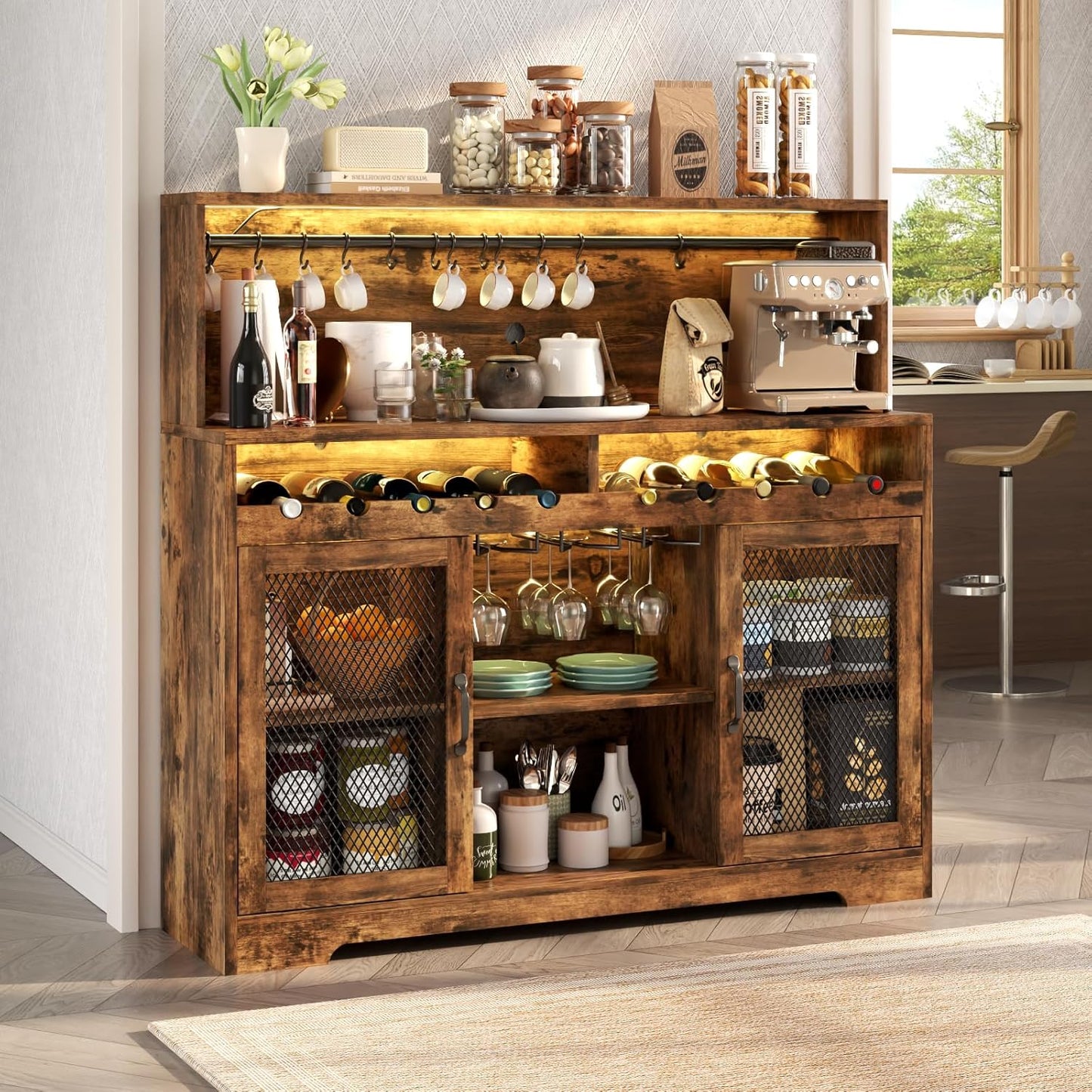 Loomie Wine Bar Cabinet with LED Light, Liquor Cabinet with Glass Holder, Coffee Bar for Liquor, Storage Buffet with Wine Racks, Wine Cabinet with Mesh Door (Rustic)