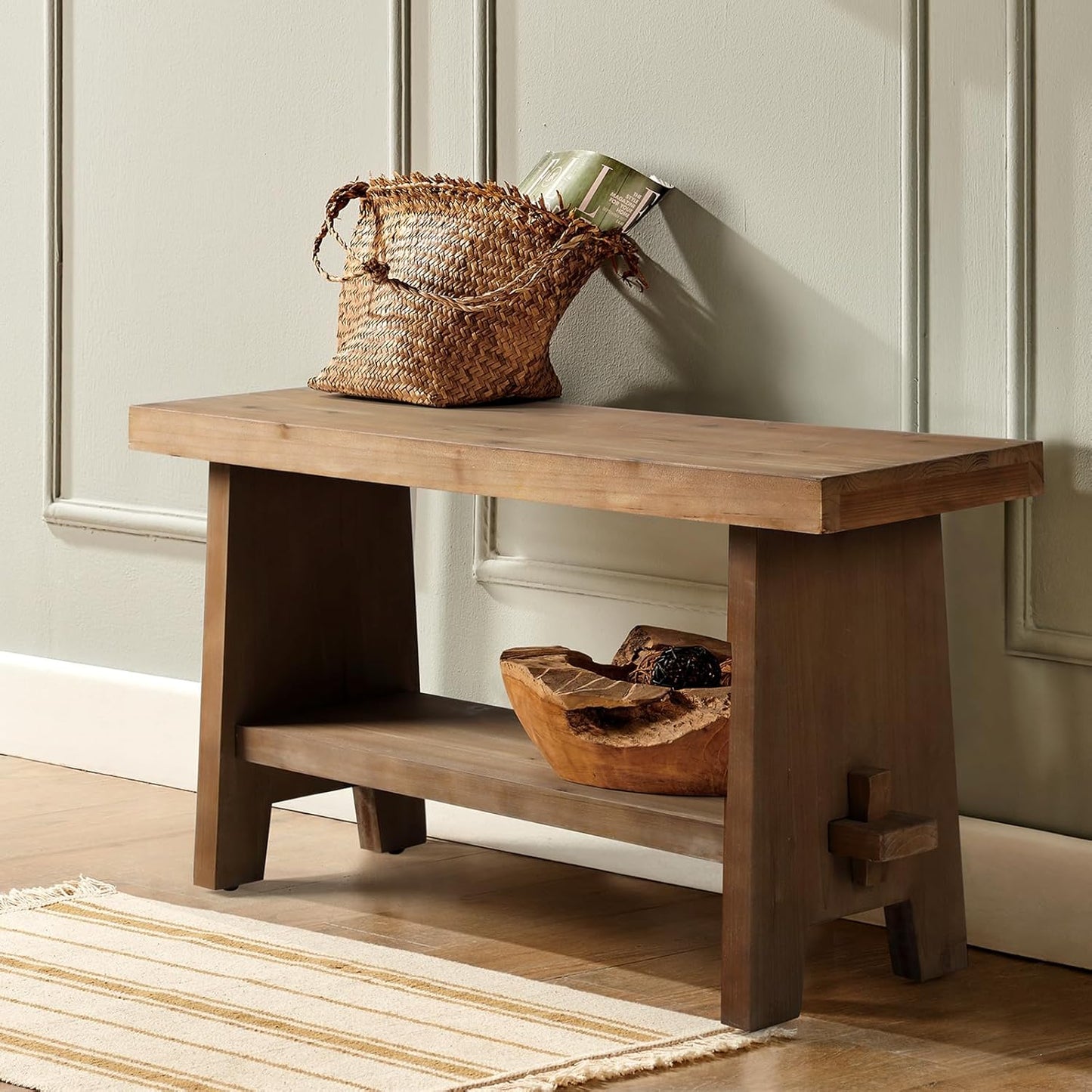 Solid Wood Entryway Bench - 43.3" Farmhouse Long Storage Bench, Rustic Narrow Bench Seat for Indoor, Entryway, Dining Room, Living Room and Hallway, Brown