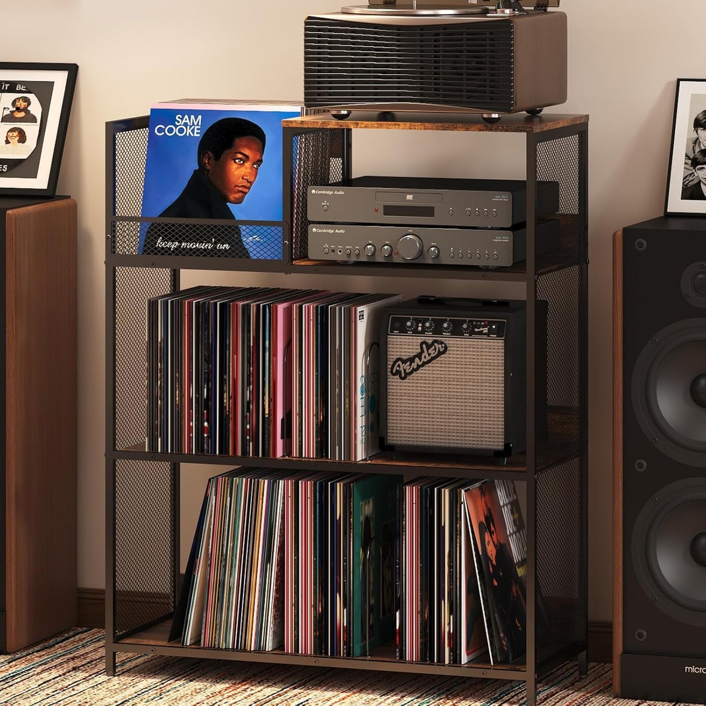 4 Tier Large Record Player Stand, Holds Up to 380-450 Albums Turntable Stand with 4 Adjustable Divider Vinyl Record Cabinet Turntable Stand for Albums DVD Shelf Books Magazines Files