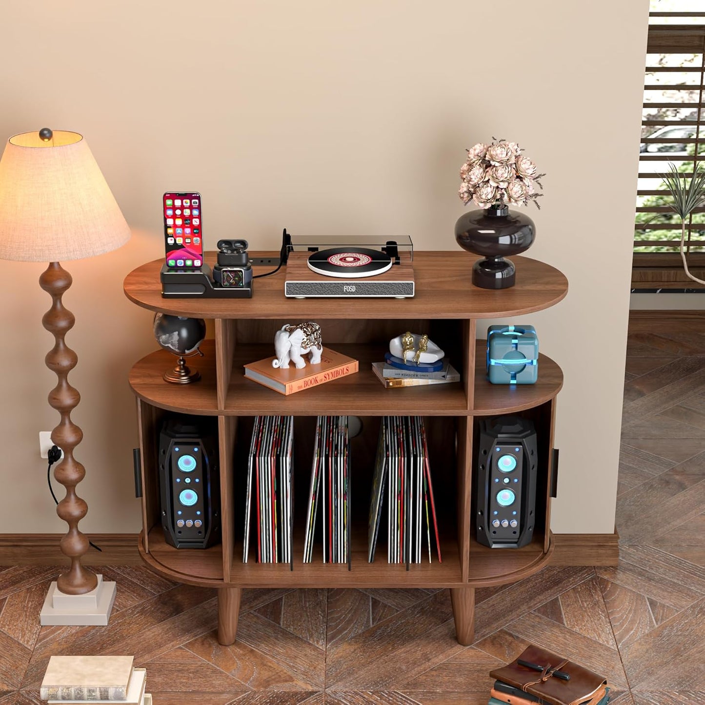 Large Round Record Player Stand with Charging Station & USB Ports,Record Storage Cabinet, Mid Century Modern Turntable Stand for Bedroom Living Room (Small Brown)