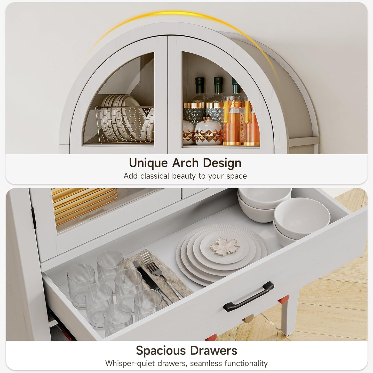 71" Tall Wine Bar Cabinet, Arched Storage Cabinets with Door, Whiskey Station with Wine Rack and Glass Holder, Liquor Bar Cabinet for Home Kitchen Living Dining Room (Off White)