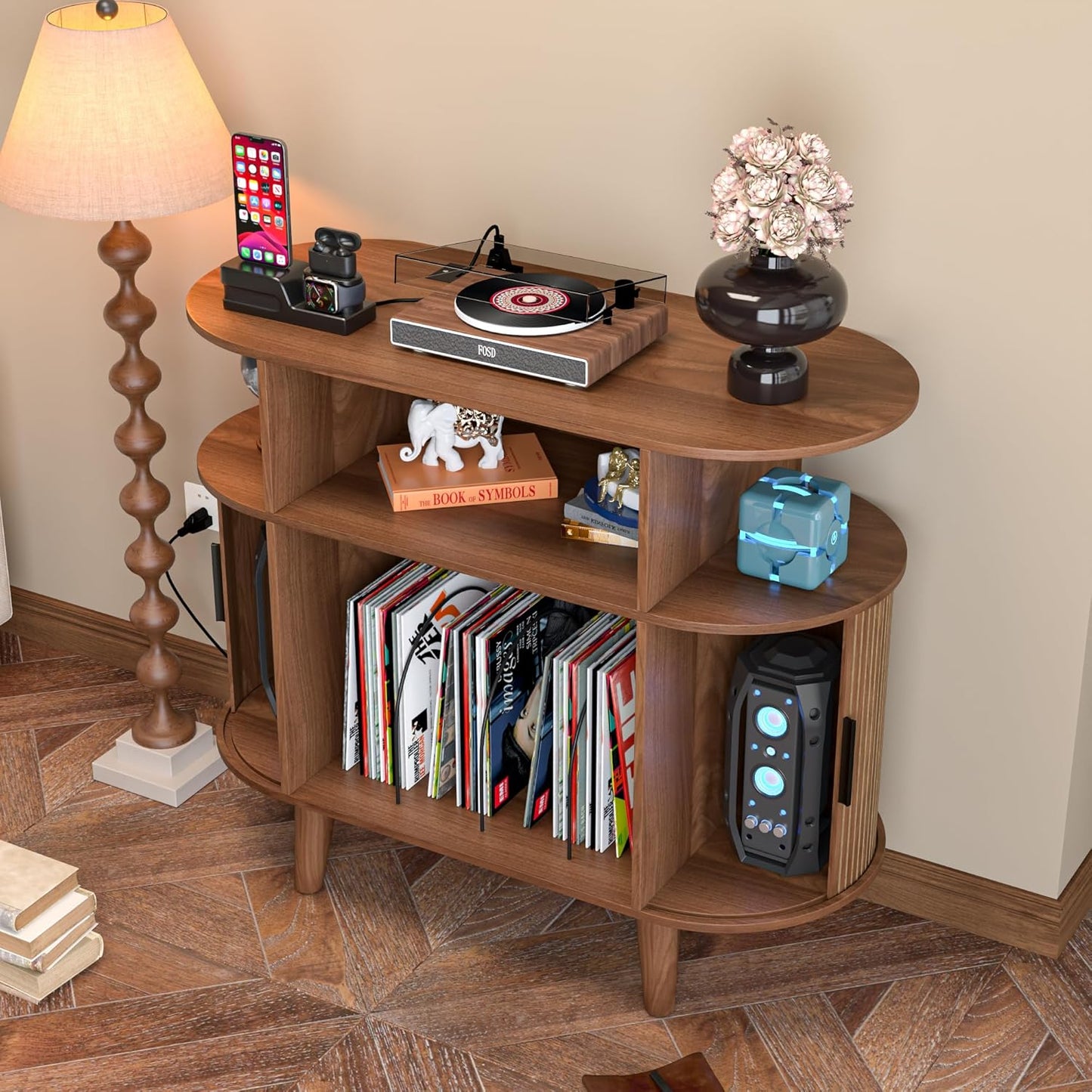 Large Round Record Player Stand with Charging Station & USB Ports,Record Storage Cabinet, Mid Century Modern Turntable Stand for Bedroom Living Room (Small Brown)