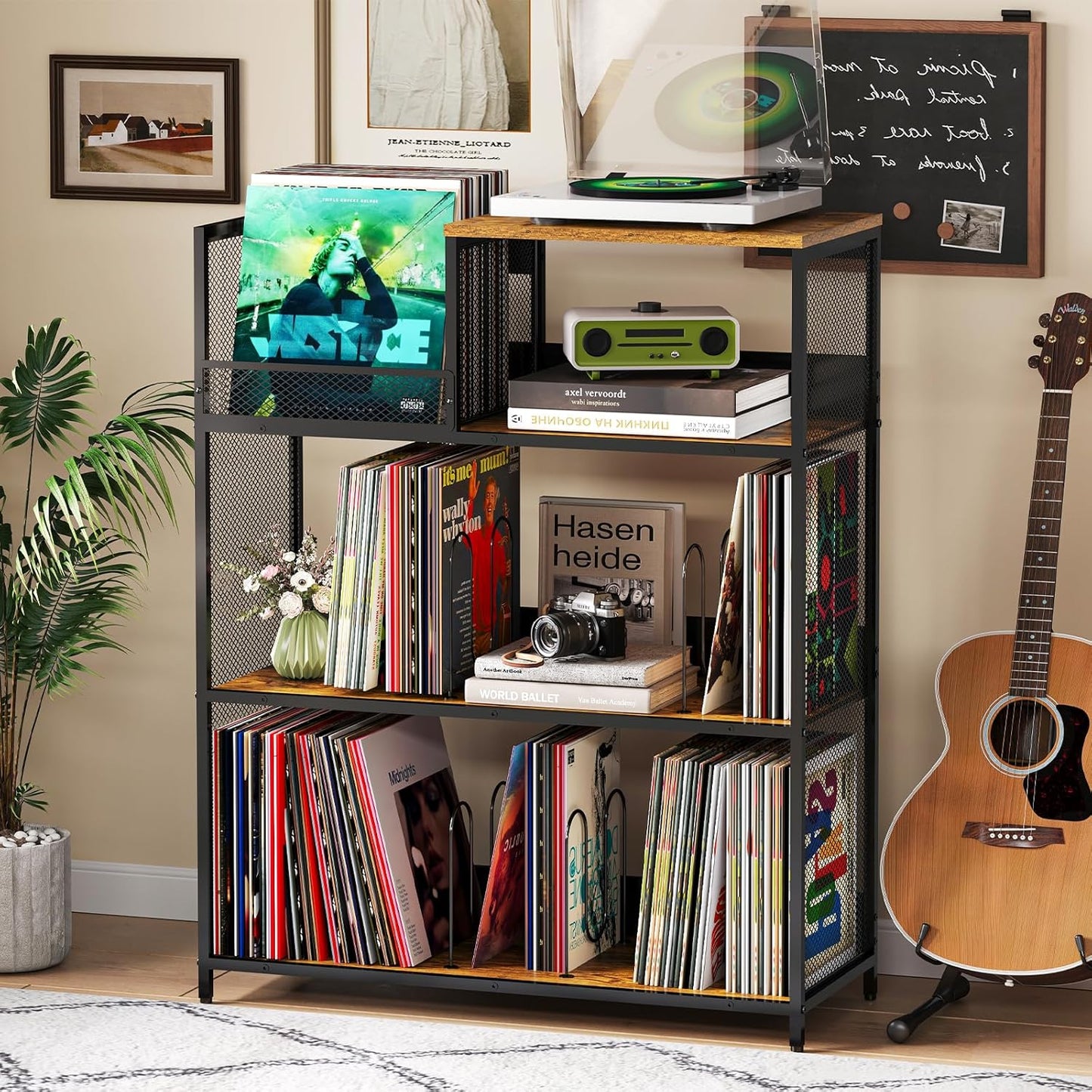 4 Tier Large Record Player Stand, Holds Up to 380-450 Albums Turntable Stand with 4 Adjustable Divider Vinyl Record Cabinet Turntable Stand for Albums DVD Shelf Books Magazines Files