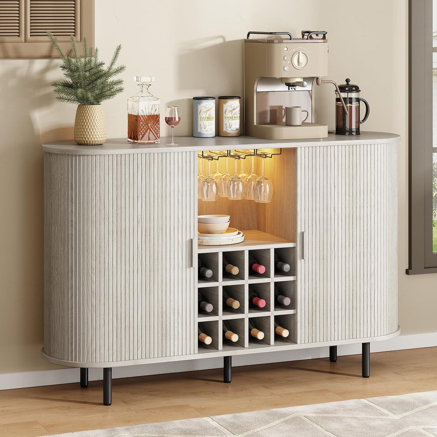55" Wine Bar Cabinet with LED Light,Modern Liquor Whiskey Coffee Station with Wine Rack and Glass Holder, Farmhouse Buffet Sideboard with Storage for Living Room, Kitchen, Entryway (Walnut)