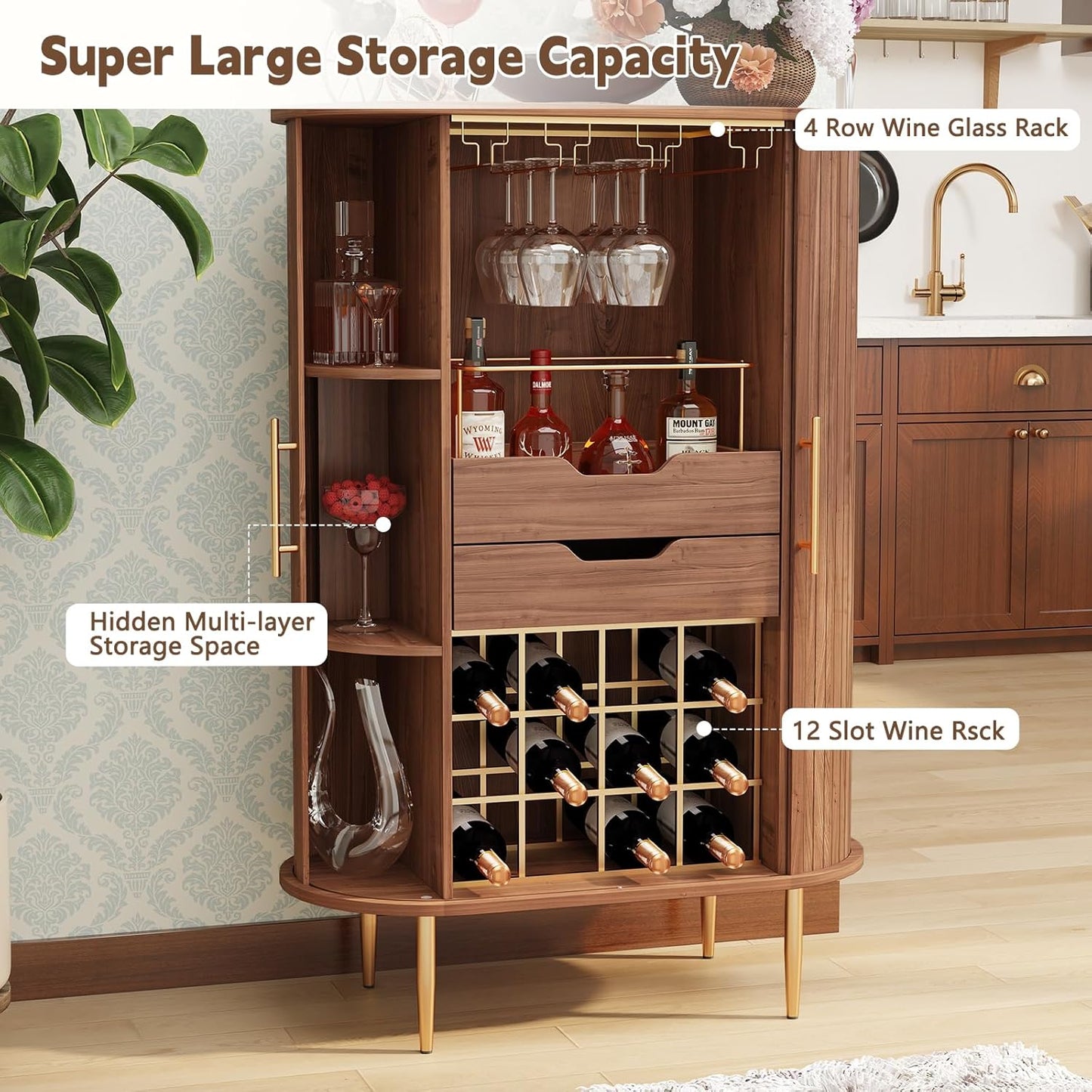 ARTPOWER Wooden Wine Bar Cabinet with Tambour Door 16-Bottle Wine Rack, Glass Stemware Holder, Coffee Bar Station Liquor Storage Cabinet for Home, Living Room, Kitchen, Brown