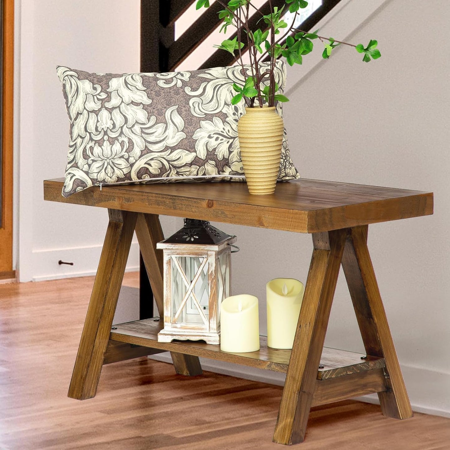 Wnutrees Farmhouse Wood Bench, Rustic Indoor Storage Bench for Entryway, Living Room, Dining Room, Solid Wood Construction, Original Wood