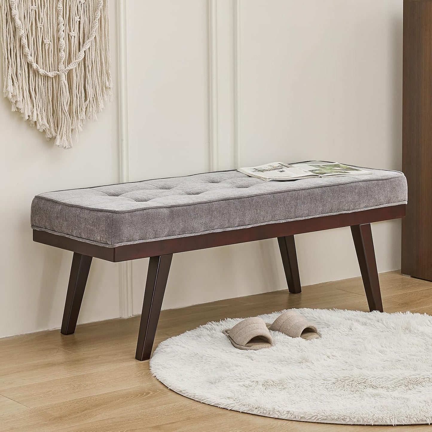 47.2" Button-Tufted Entryway Bench, Upholstered Faux Leather Ottoman Bedroom Bench, Rubberwood End of Bed Footrest Stool, Bench for Entryway Dining Room Living Room Bedroom, 300 LB, Brown