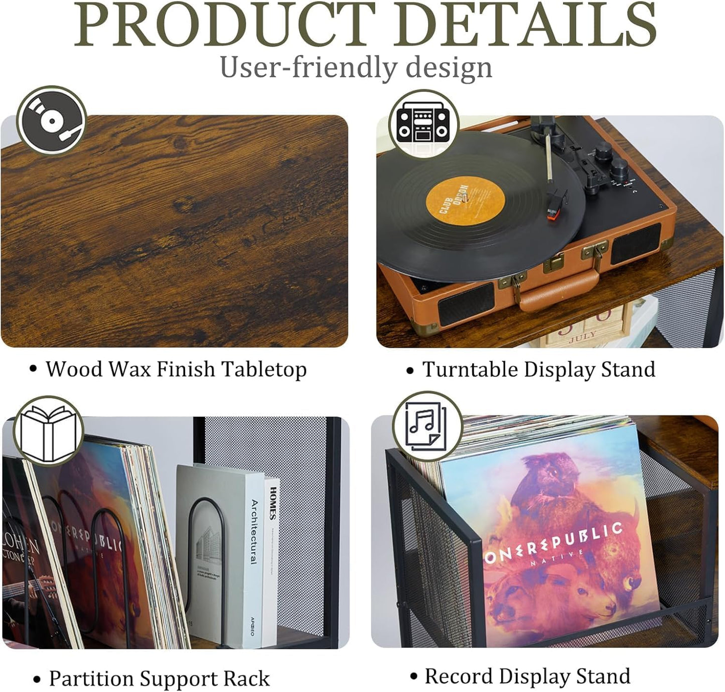 4 Tier Large Record Player Stand, Holds Up to 380-450 Albums Turntable Stand with 4 Adjustable Divider Vinyl Record Cabinet Turntable Stand for Albums DVD Shelf Books Magazines Files