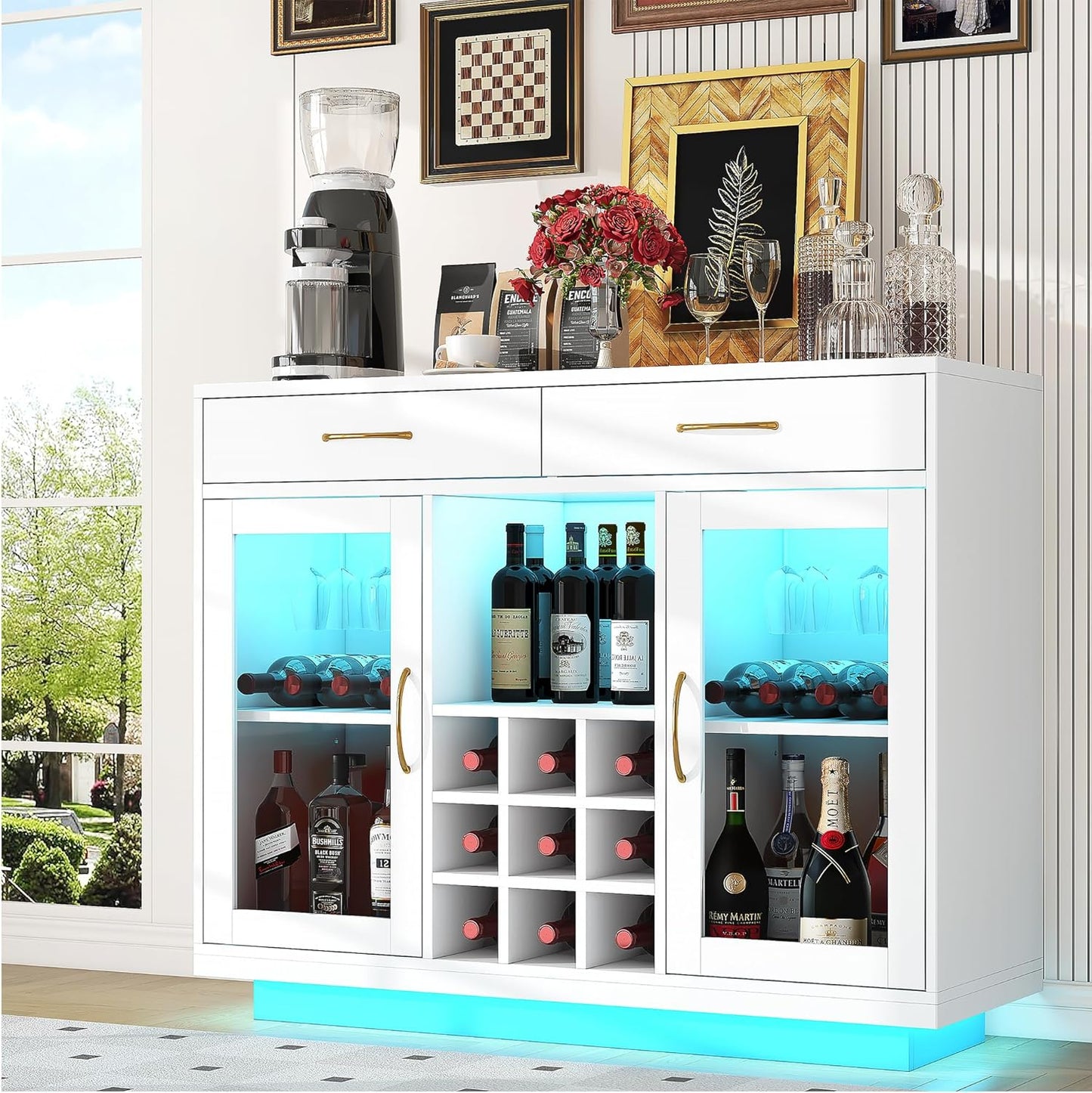 Wine Bar Cabinet with LED Lights, Coffee Bar Cabinet with Wine and Glass Rack, Black Bar Cabinet Liquor Cabinet, Kitchen Buffet Sideboard with Storage for Living Room, Dining Room