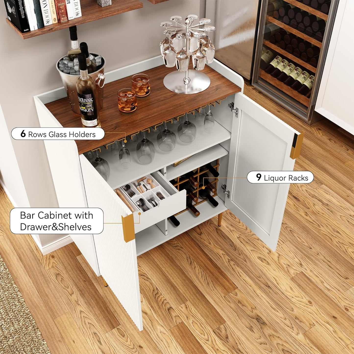ARTPOWER Wine Bar Cabinet with Fluted Texture, Modern Coffee Cabinet with Wine Rack&Glass Holder, White Kitchen Buffet Sideboard, Freestanding Liquor Cabinet for Dining Room Living Room