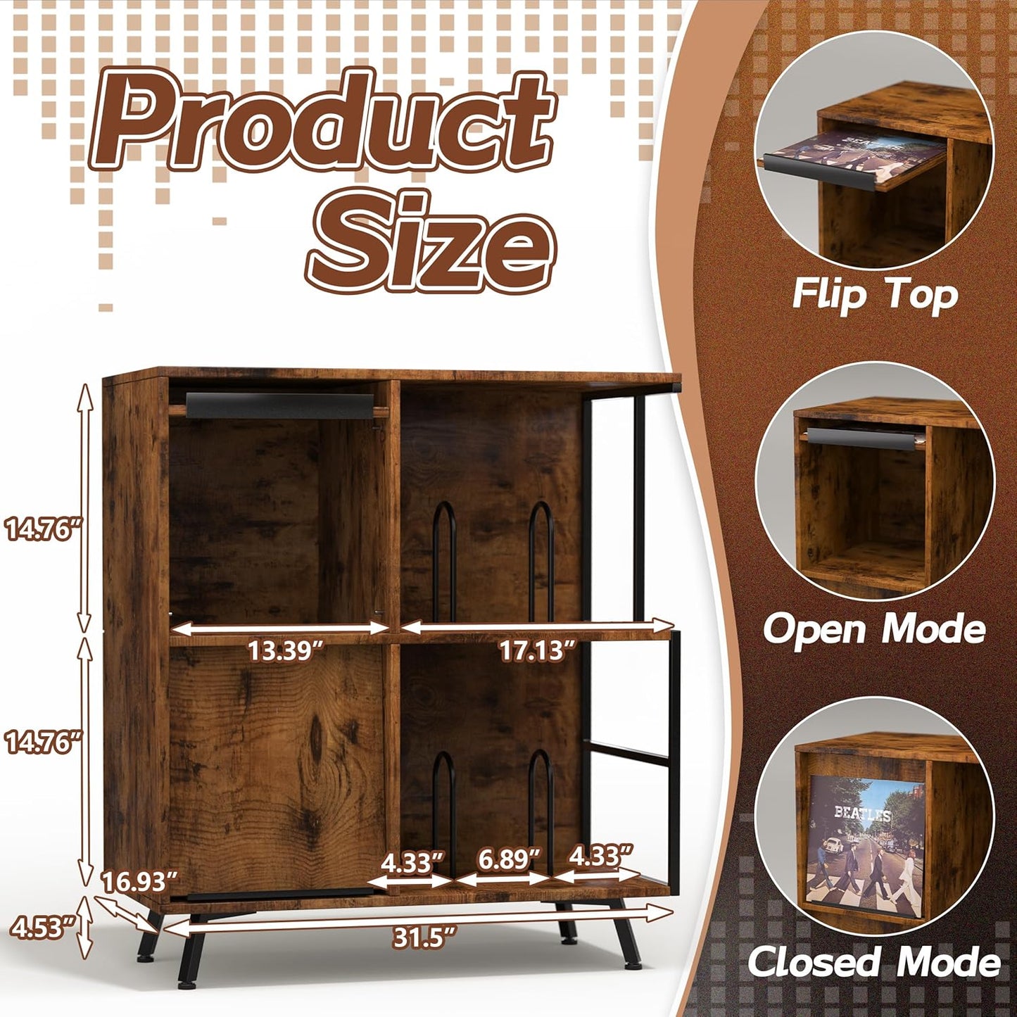 3 Tier Record Player Cabinet, Flip Top Record Player Stand, Mid Century Record Player Table with Shelves Holds up to 300+ Albums, Vinyl Record Storage with 4 U-Dividers for Living Room Bedroom, Brown