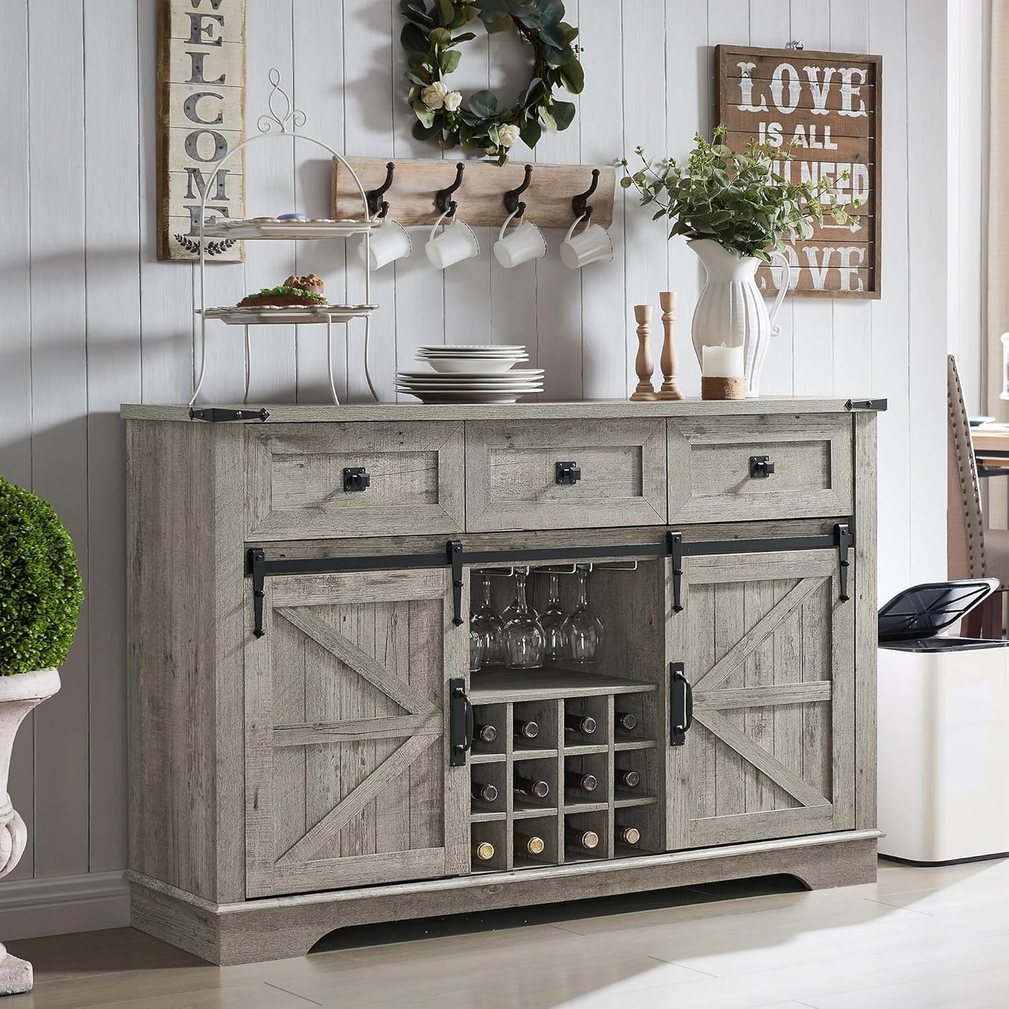 OKD Farmhouse Wine Bar Cabinet w/Sliding Barn Door, 54" Kitchen Coffee Bar Cabinet w/Wine & Glass Rack, Storage Shelves, 3 Drawers, Rustic Large Buffet Sideboard for Dining Room, Dark Rustic Oak