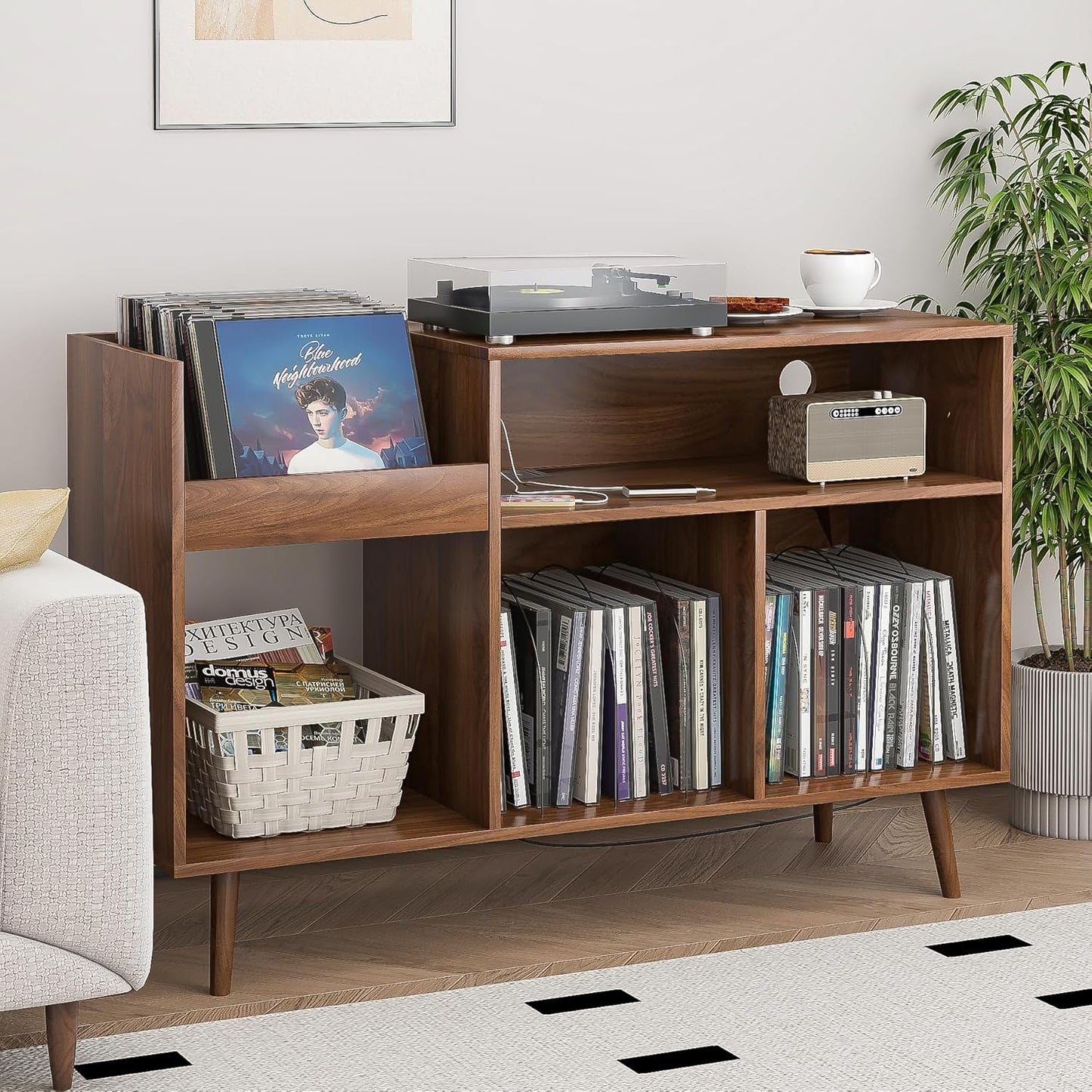 Record Player Stand with Charging Station & USB Ports, Mid-Century Turntable Stand Table Holds Up to 300 Albums, Vinyl Record Storage Cabinet with Wood Legs for Living Room Office(Walnut)