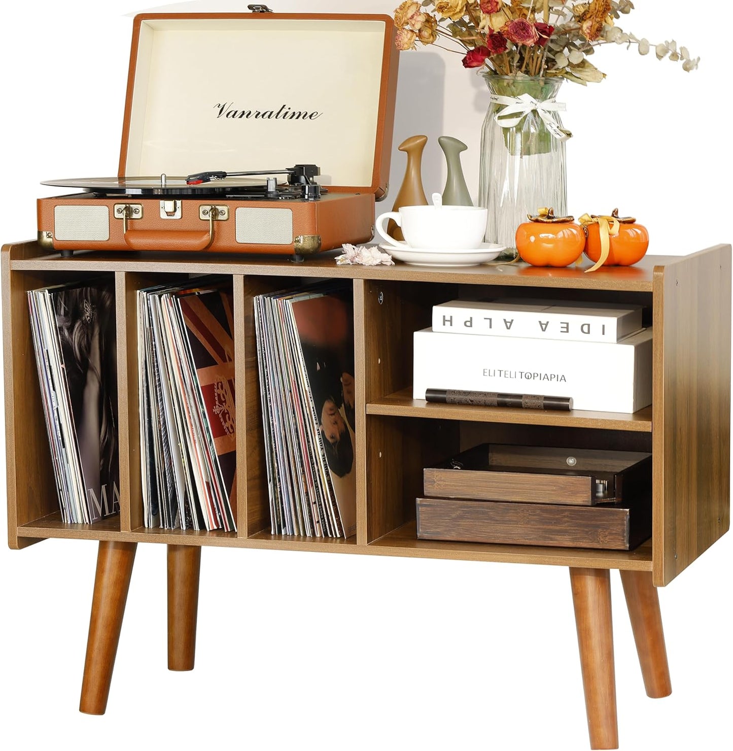Record Player Stand with Vinyl Storage Holds Up to 300lb, Large Record Player Table Cabinet for Album Storage with Holder Vinyl Display Shelf, Wood Turntable Stand for Bedroom Living Room (Brown)