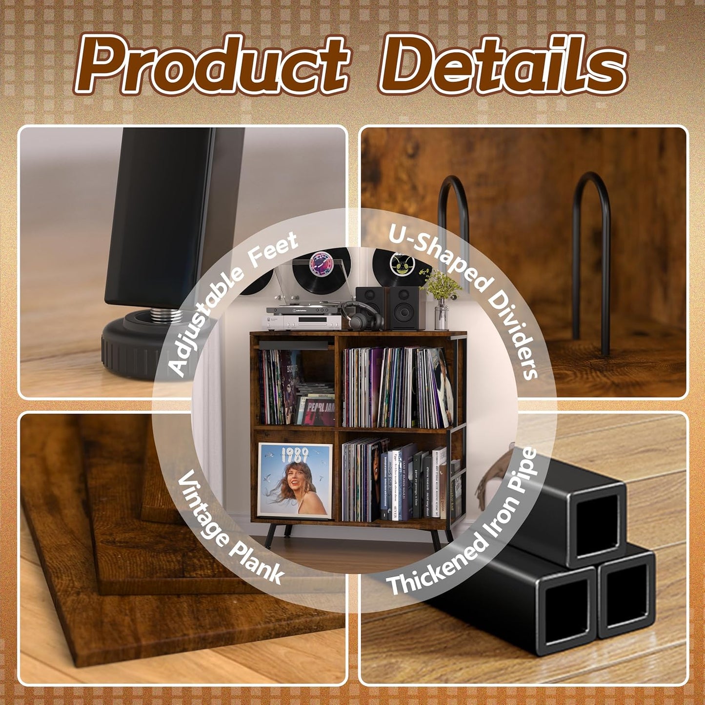 3 Tier Record Player Cabinet, Flip Top Record Player Stand, Mid Century Record Player Table with Shelves Holds up to 300+ Albums, Vinyl Record Storage with 4 U-Dividers for Living Room Bedroom, Brown