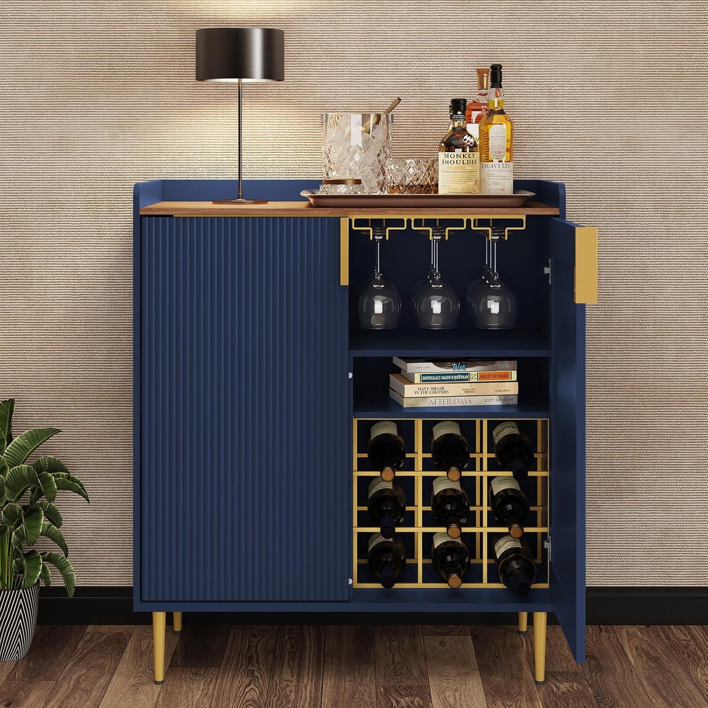 ARTPOWER Wine Bar Cabinet with Fluted Texture, Modern Coffee Cabinet with Wine Rack&Glass Holder, White Kitchen Buffet Sideboard, Freestanding Liquor Cabinet for Dining Room Living Room