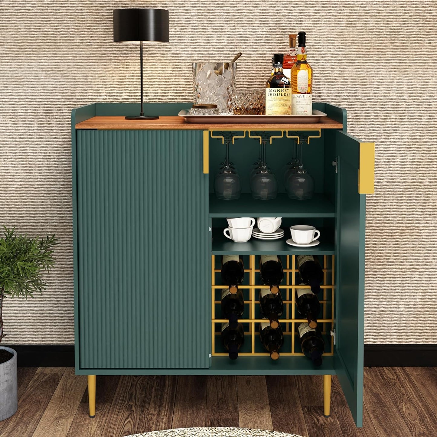 ARTPOWER Wine Bar Cabinet with Fluted Texture, Modern Coffee Cabinet with Wine Rack&Glass Holder, White Kitchen Buffet Sideboard, Freestanding Liquor Cabinet for Dining Room Living Room