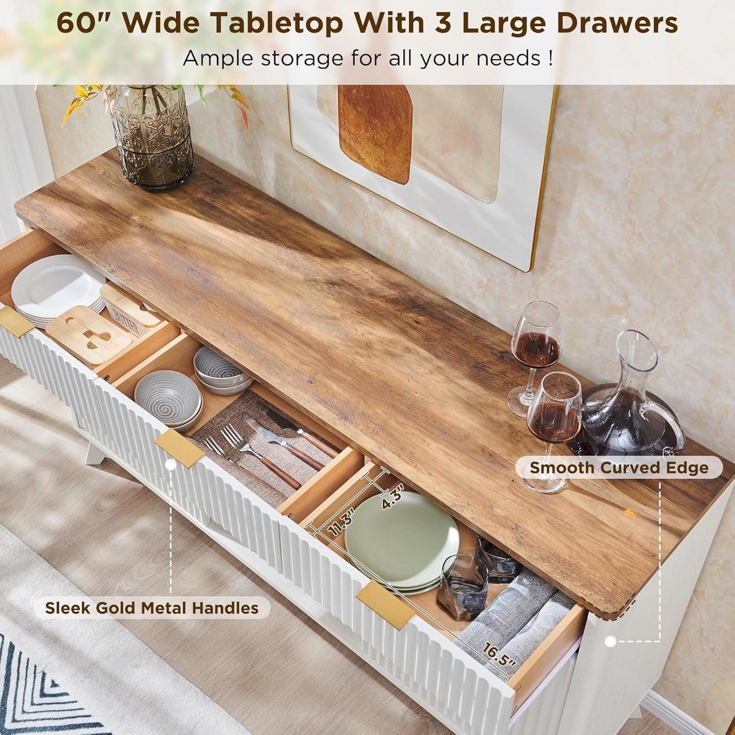 OKD 60" Fluted Buffet Cabinet with Storage - 3 Drawers and 2 Doors, Mordern Wine & Coffee Bar Cabinet with Wine and Glass Racks, Sideboard with Adjustable Shelves for Kitchen, Dining Room,Solid White