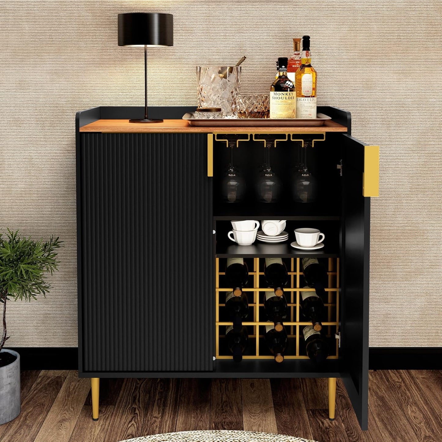 ARTPOWER Wine Bar Cabinet with Fluted Texture, Modern Coffee Cabinet with Wine Rack&Glass Holder, White Kitchen Buffet Sideboard, Freestanding Liquor Cabinet for Dining Room Living Room