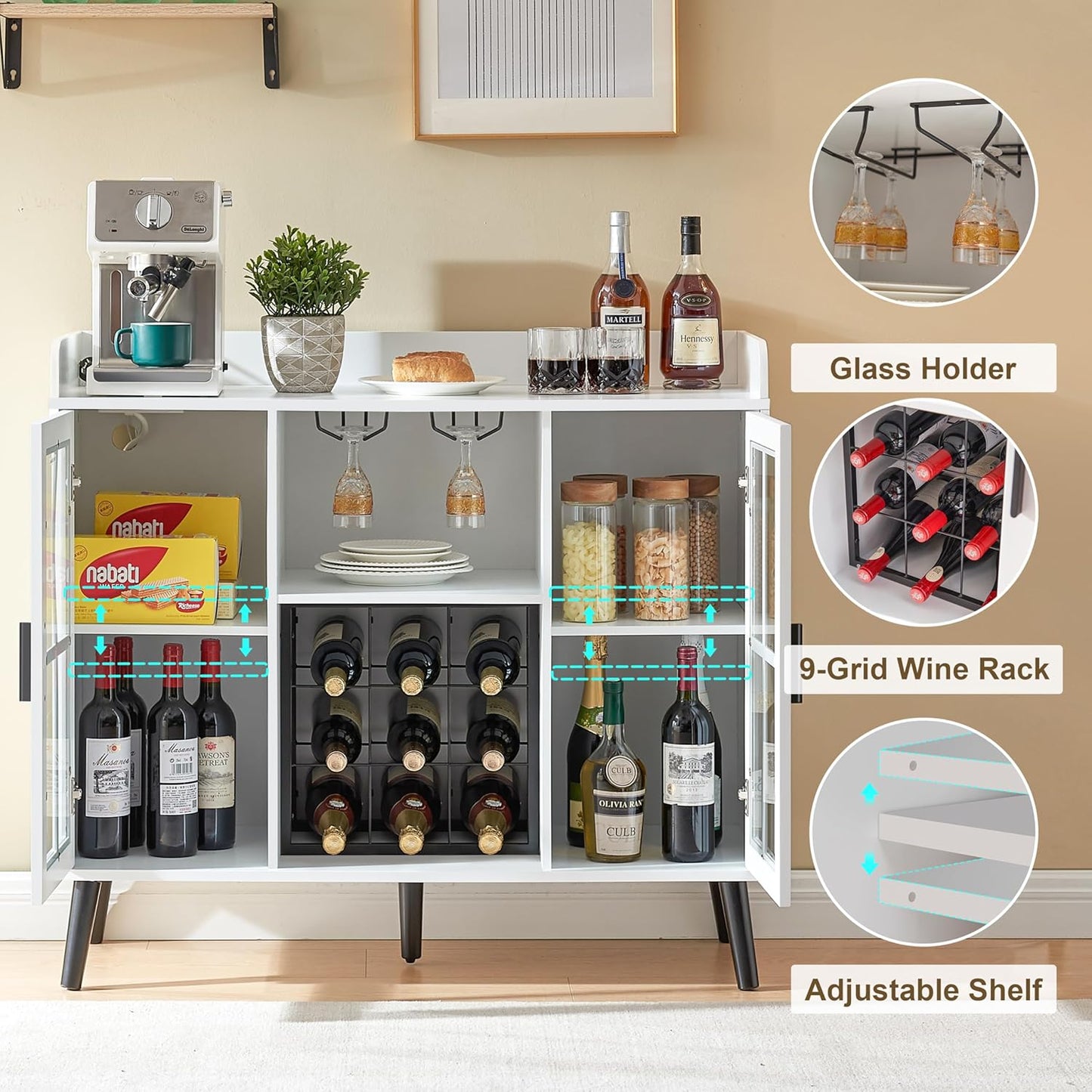 Wine Bar Cabinet with LED Light, Coffee Bar Cabinet with Storage and Outlet, Kitchen Buffet Sideboard with Wine Rack and Glass Holder, Modern Liquor Cabinets for Home Dining Room, White