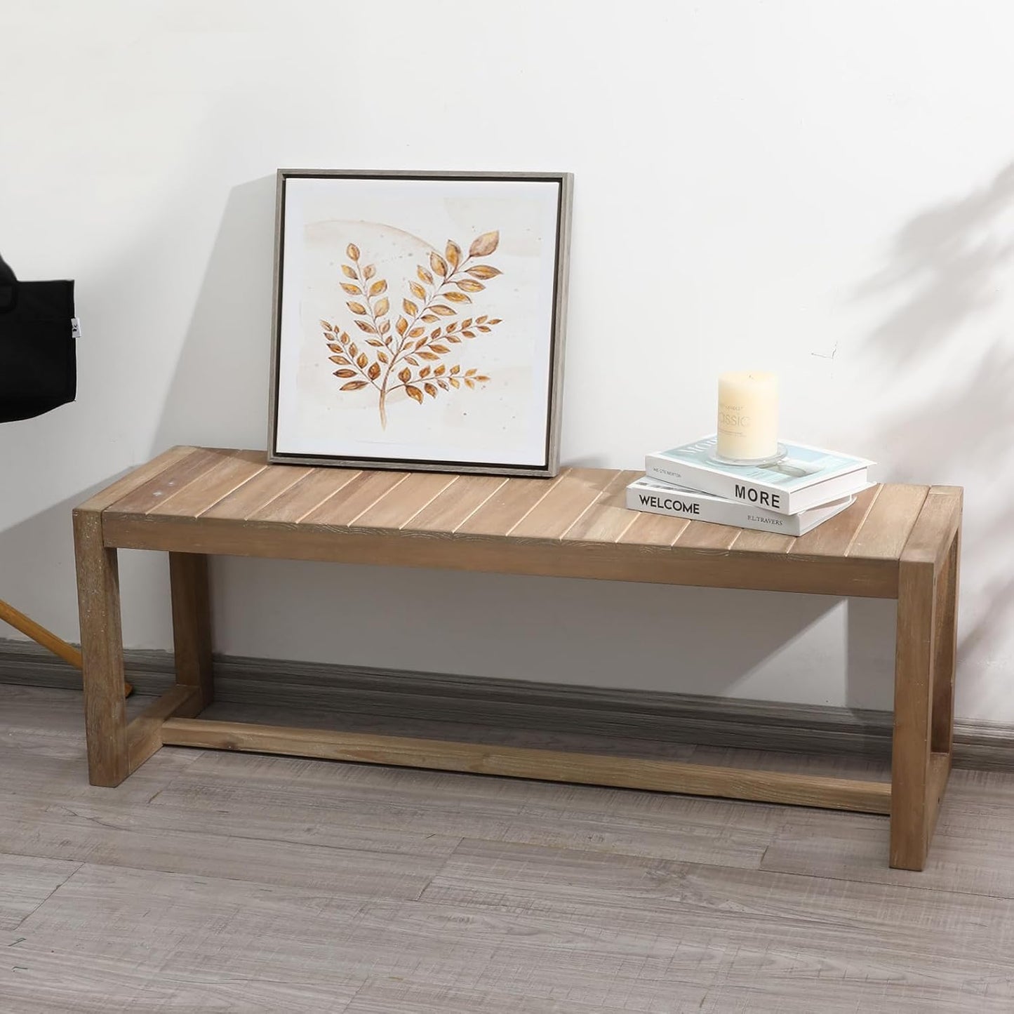 Wnutrees Farmhouse Solid Wood Bench, 31" Line Pattern Splicing Entryway Bench, Narrow Bench Seat for Living Room, Dining Room, Bathroom, Indoors, Natural