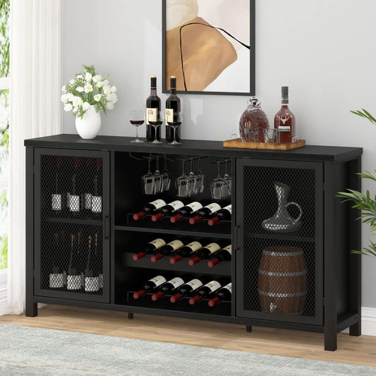 IBF Black Coffee Bar and Liquor Cabinet With Wine Rack Storage, Industrial Kitchen Buffet for Home Living Dining Room, Black Oak, 55 Inch