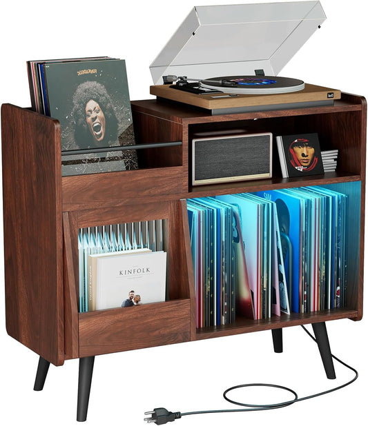Large Record Player Stand with Sliding Door,350 Vinyl Record Storage Cabinet, Record Player Table with Power Outlet and LED Light,Turntable Stand with Wood Legs for Living Room,Bedroom,Office