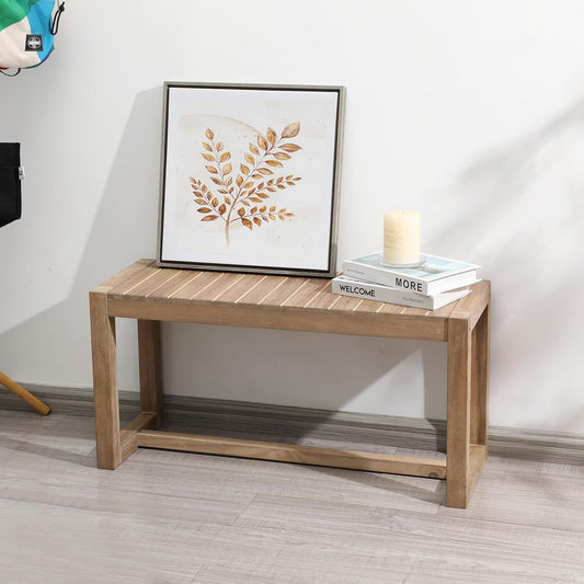 Wnutrees Farmhouse Solid Wood Bench, 31" Line Pattern Splicing Entryway Bench, Narrow Bench Seat for Living Room, Dining Room, Bathroom, Indoors, Natural