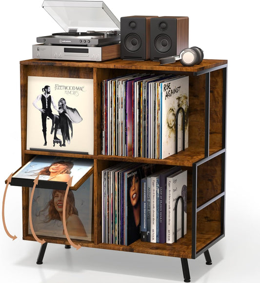 3 Tier Record Player Cabinet, Flip Top Record Player Stand, Mid Century Record Player Table with Shelves Holds up to 300+ Albums, Vinyl Record Storage with 4 U-Dividers for Living Room Bedroom, Brown