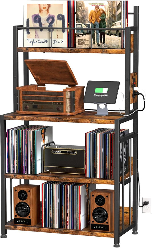 EasyCom Record Player Stand with Vinyl Storage, Turntable Stand Holds Up to 300 Albums, Large Record Player Table with Charge Station, Vinyl Record Stand for Living Room