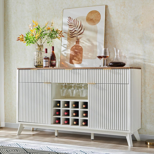 OKD 60" Fluted Buffet Cabinet with Storage - 3 Drawers and 2 Doors, Mordern Wine & Coffee Bar Cabinet with Wine and Glass Racks, Sideboard with Adjustable Shelves for Kitchen, Dining Room,Solid White