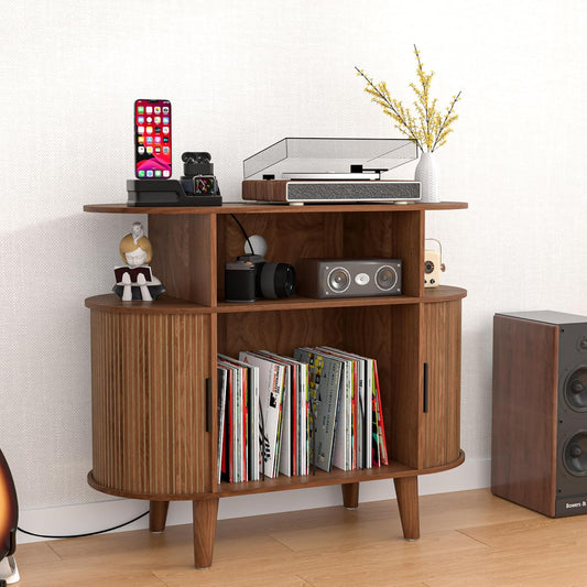 Round Record Player Stand, Mid-Century Record Player Table, Vinyl Record Player Shelf with Power Outlet Sideboard Buffet Cabinet, Storage Shelf for Living Room (Brown)