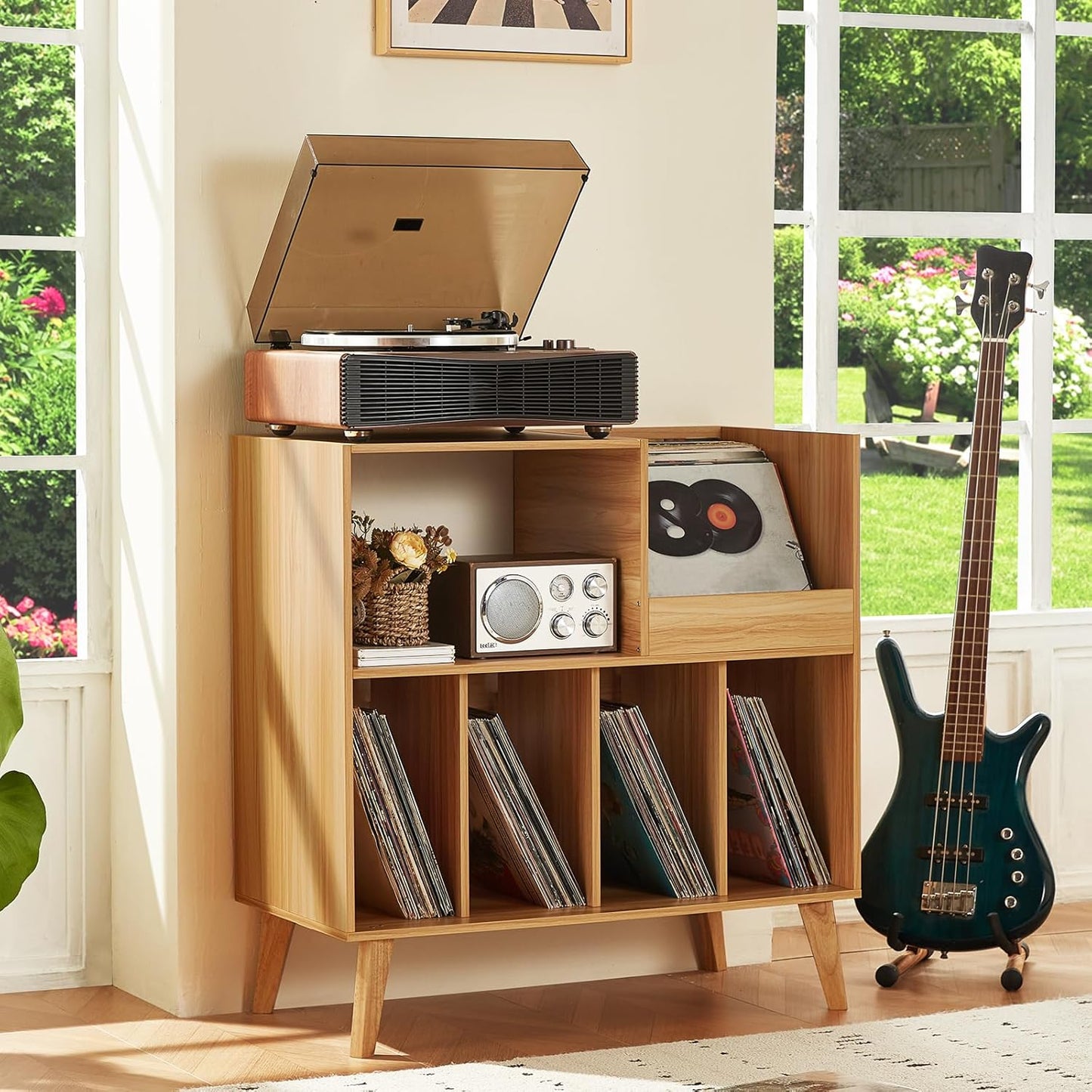 LELELINKY Large Record Player Stand, Turntable Stand with Storage, Vinyl Record Holder with Display Area, Record Player Table Holds Up to 300 Albums, Record Stand for Music Room Living Room-Natural