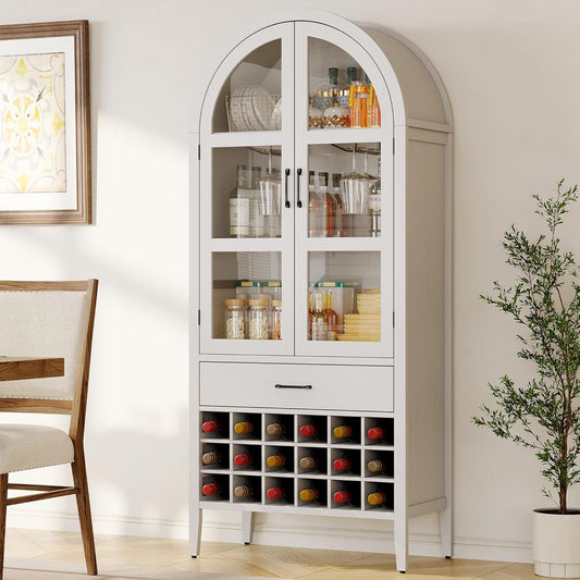 71" Tall Wine Bar Cabinet, Arched Storage Cabinets with Door, Whiskey Station with Wine Rack and Glass Holder, Liquor Bar Cabinet for Home Kitchen Living Dining Room (Off White)