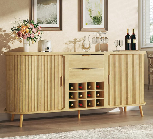 58" Buffet Cabinet with Storage, Fluted Wine Bar Cabinet with Drawers & Adjustable Shelves, Mid-Century Modern Buffet Sideboard with 12 Wine Racks for Kitchen Living Room, Natural Oak