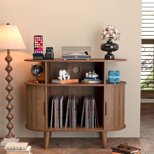 Large Round Record Player Stand with Charging Station & USB Ports，Record Storage Cabinet, Mid Century Modern Turntable Stand for Bedroom Living Room (Small Brown)