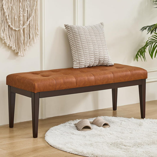 47.2" Button-Tufted Entryway Bench, Upholstered Faux Leather Ottoman Bedroom Bench, Rubberwood End of Bed Footrest Stool, Bench for Entryway Dining Room Living Room Bedroom, 300 LB, Brown