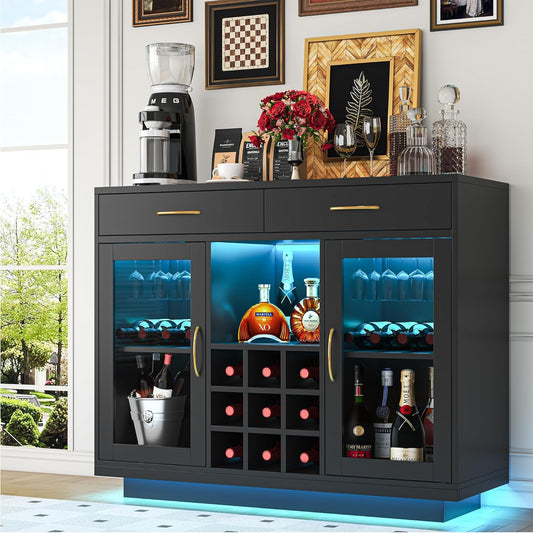 Wine Bar Cabinet with LED Lights, Coffee Bar Cabinet with Wine and Glass Rack, Black Bar Cabinet Liquor Cabinet, Kitchen Buffet Sideboard with Storage for Living Room, Dining Room