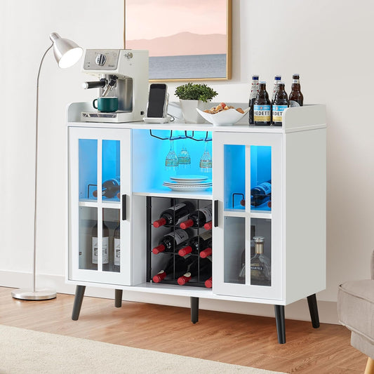 Wine Bar Cabinet with LED Light, Coffee Bar Cabinet with Storage and Outlet, Kitchen Buffet Sideboard with Wine Rack and Glass Holder, Modern Liquor Cabinets for Home Dining Room, White