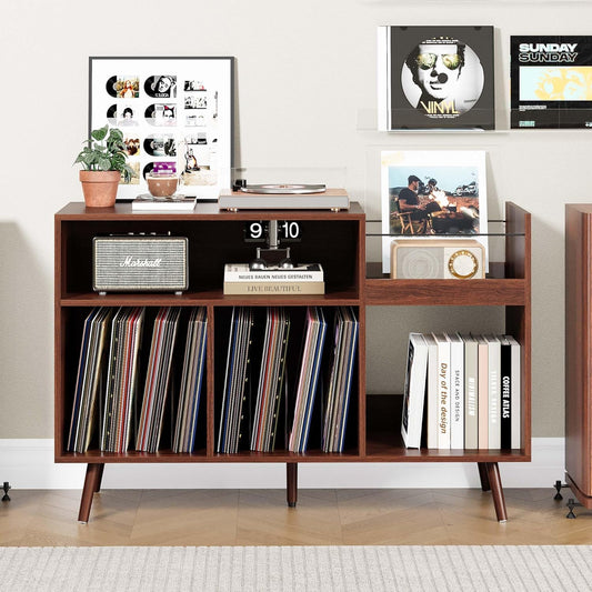 RARZOE Large Record Player Stand, Mid Century Vinyl Record Display Stand, Turntable Stand with Storage, Record Player Holder Up to 350 Albums, Record Vinyl Storage Cabinet for Living Room, Walnut