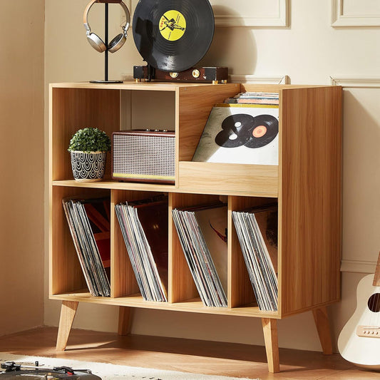 LELELINKY Large Record Player Stand, Turntable Stand with Storage, Vinyl Record Holder with Display Area, Record Player Table Holds Up to 300 Albums, Record Stand for Music Room Living Room-Natural