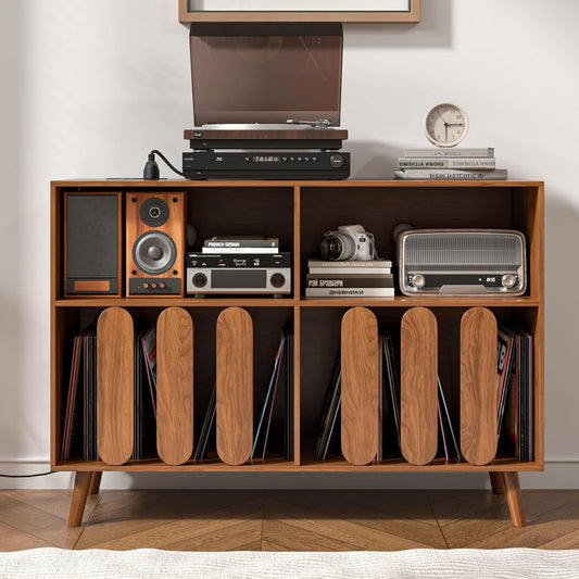 Large Record Player Stand, Vinyl Record Storage Holder, Record Player Table with Power Outlet, Turntable Stand with Wood Legs for Living Room, Office (Walnut)