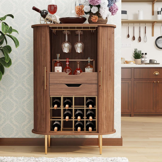 ARTPOWER Wooden Wine Bar Cabinet with Tambour Door 16-Bottle Wine Rack, Glass Stemware Holder, Coffee Bar Station Liquor Storage Cabinet for Home, Living Room, Kitchen, Brown
